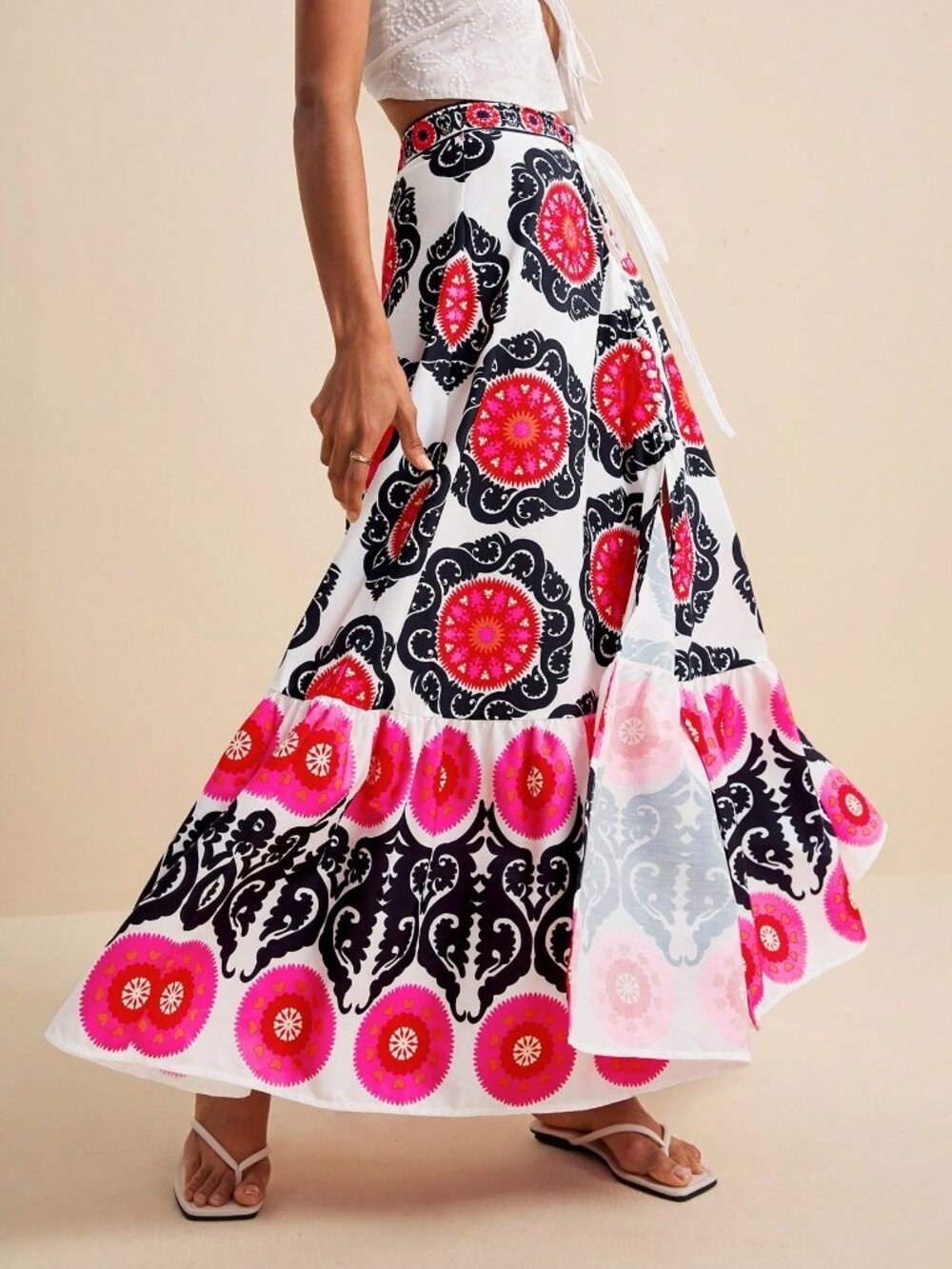 Multicolor Boho Women's Floral Print Twist Waist and High Slit Maxi Skirt - Picture 3 of 8
